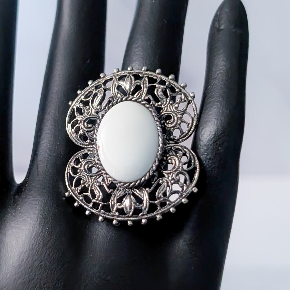 Vintage Ring Extra Large Dark Silver Tone with White Center Statement